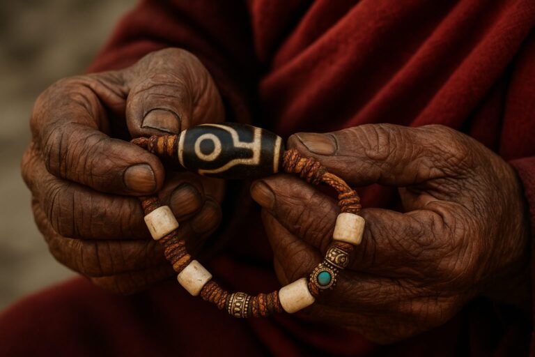 A Tibetan monk’s aged, weathered hands tightly holding a Dzi bead bracelet, suggesting deep reverence and emotional attachment