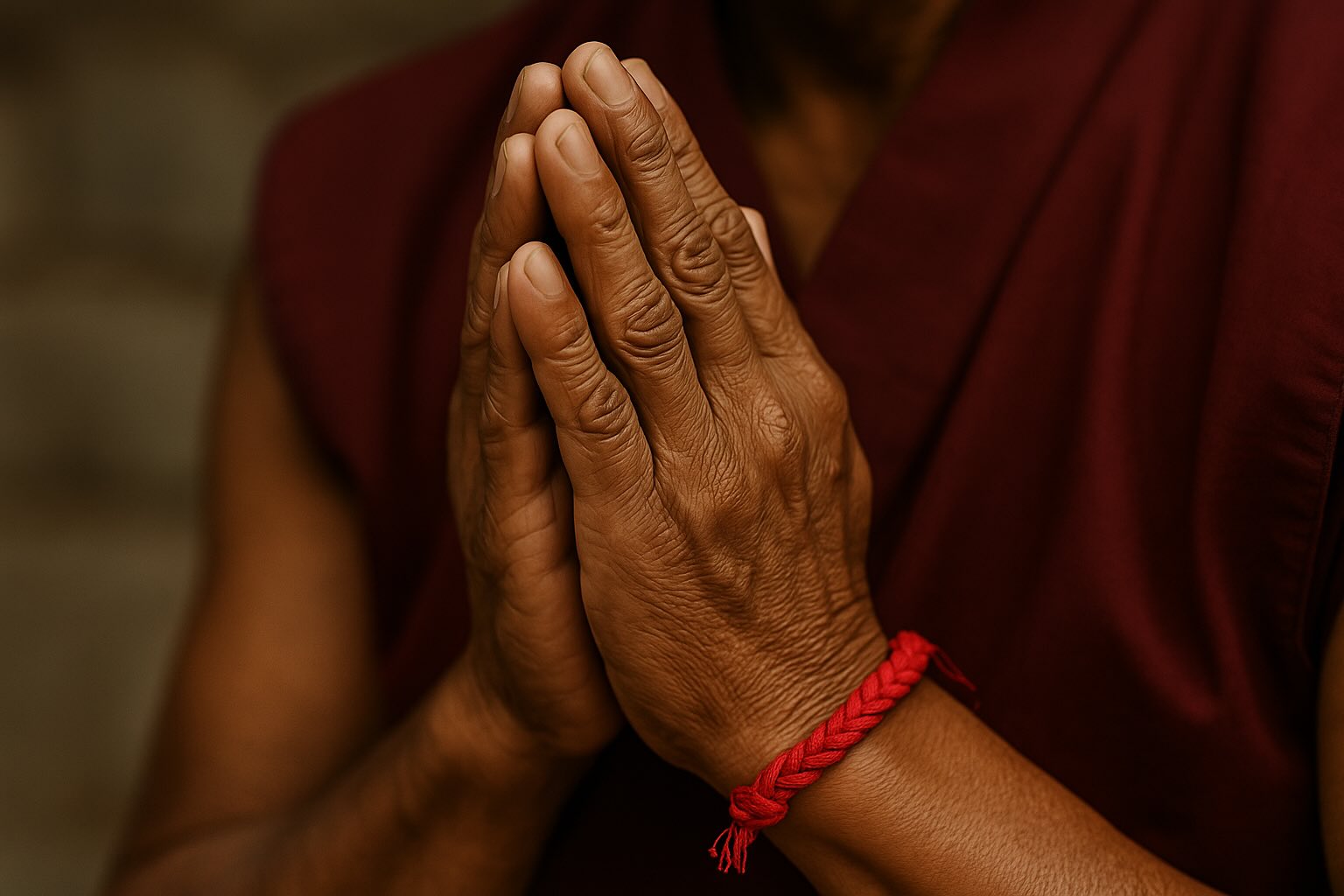 A monk wearing a Tibetan red string bracelet.
