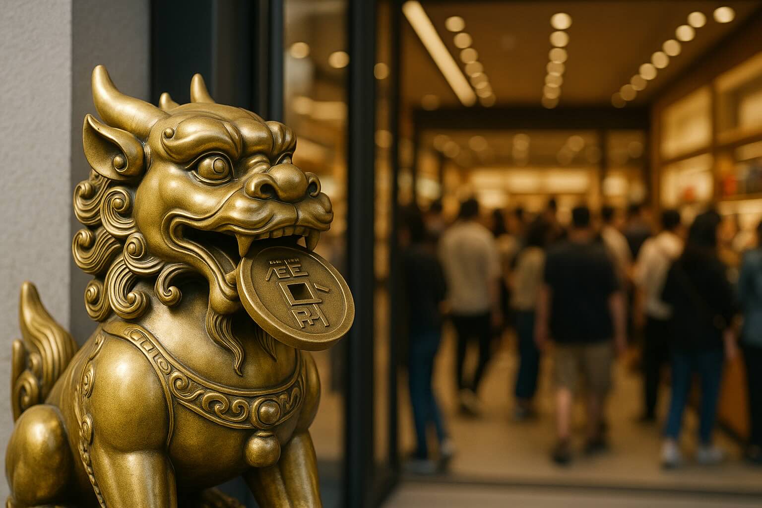A golden Pixiu statue with a coin in its mouth at a store entrance illustrates Pixiu meaning—attracting wealth and guarding prosperity.