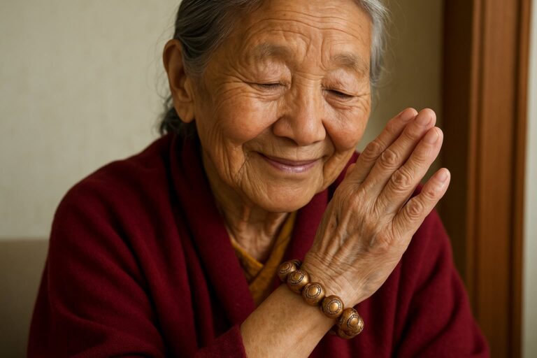 Elderly woman wearing a Tibetan copper bracelet, experiencing reduced wrist pain — showcasing potential healing benefits of copper jewelry.