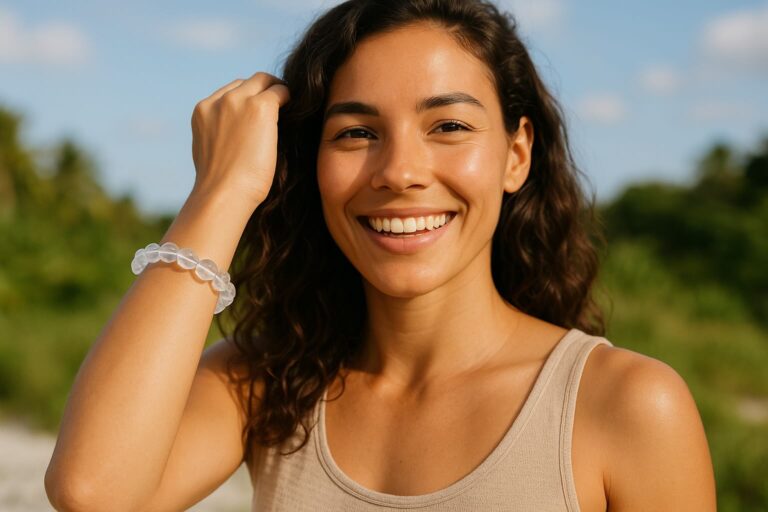 A confident, healthy-looking woman smiling while wearing a clear quartz bracelet, showcasing clear quartz benefits.