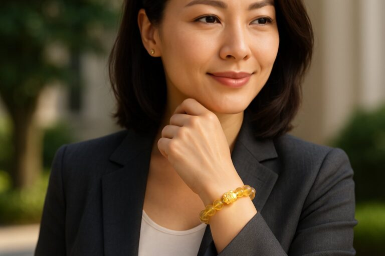 Pixiu bracelet meaning shown by a successful woman wearing it for wealth, luck, and protection.