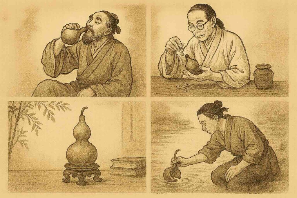 Wu Lou in ancient Chinese life — a wine gourd, a herbal medicine holder, a household symbol of prosperity, and a water ladle, reflecting its deep cultural and Feng Shui significance.