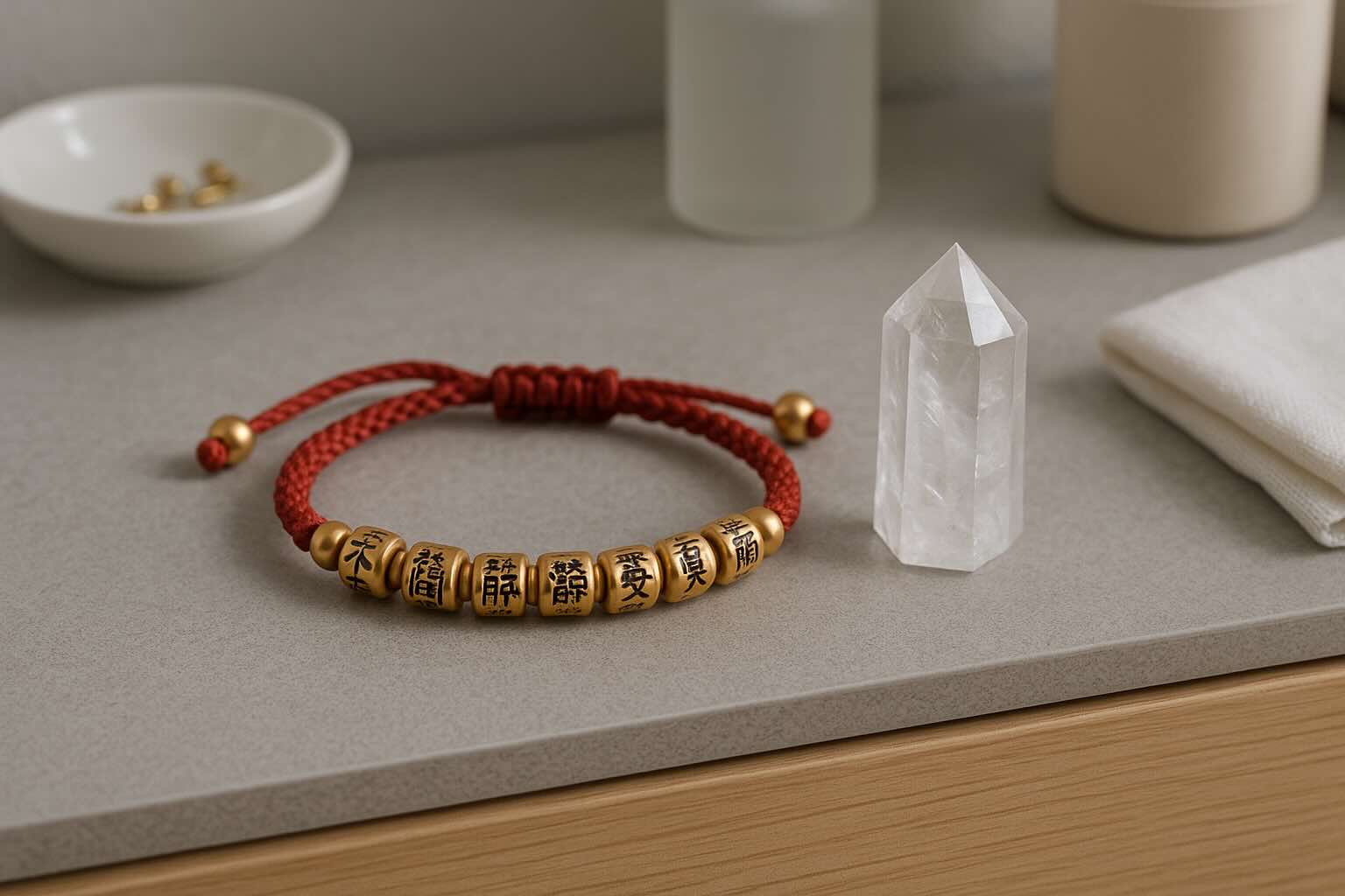 Home 14 Feng Shui mantra bracelet and healing crystals displayed in a modern home jewelry cabinet, symbolizing spiritual energy and the deeper Feng Shui Mantra Bracelet Meaning.