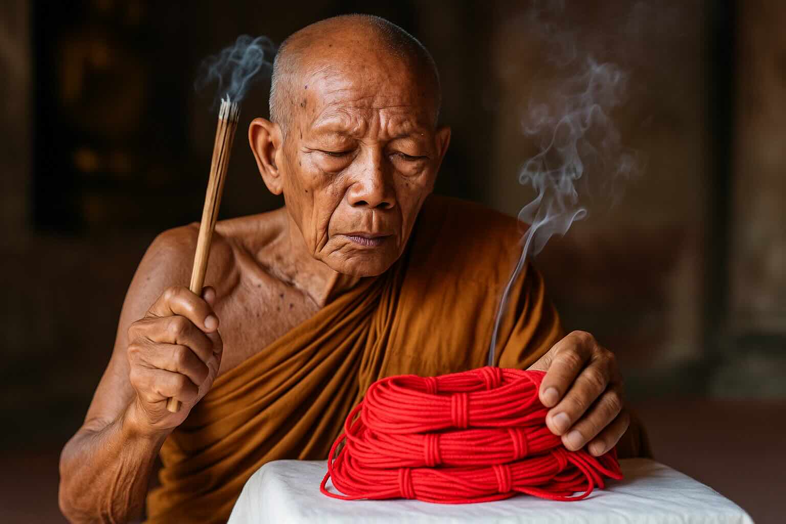 Home 12 Elderly monk blessing red string bracelets during a sacred ritual – Red String Bracelet Blessed by Monks