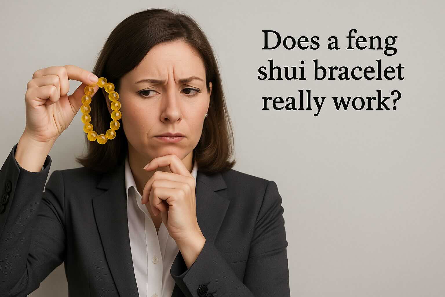 Home 13 feng shui bracelet does it work — successful woman holding bracelet, looking confused